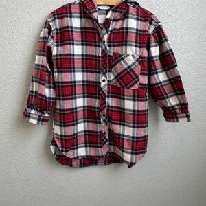 Zara Girls Size 10 Flannel Plaid Hooded Button Down Shirt